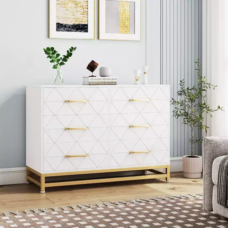 6 Drawer Dresser for Bedroom, Wooden Double Dresser with Gold Handles, Modern Chest Dresser with Deep Drawers for Living Room, Hallway