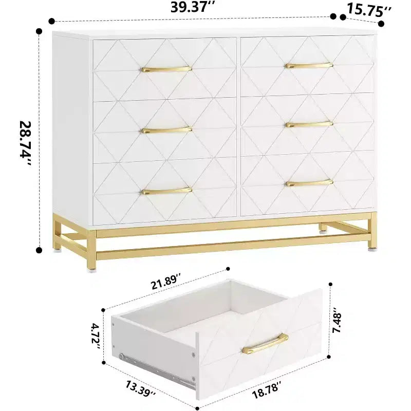 6 Drawer Dresser for Bedroom, Wooden Double Dresser with Gold Handles, Modern Chest Dresser with Deep Drawers for Living Room, Hallway