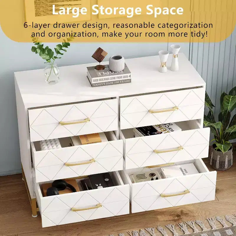 6 Drawer Dresser for Bedroom, Wooden Double Dresser with Gold Handles, Modern Chest Dresser with Deep Drawers for Living Room, Hallway