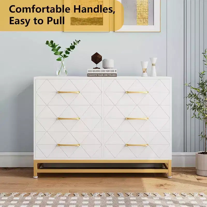 6 Drawer Dresser for Bedroom, Wooden Double Dresser with Gold Handles, Modern Chest Dresser with Deep Drawers for Living Room, Hallway