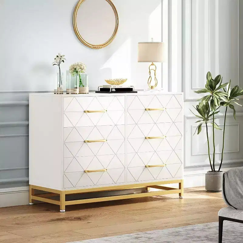 6 Drawer Dresser for Bedroom, Wooden Double Dresser with Gold Handles, Modern Chest Dresser with Deep Drawers for Living Room, Hallway