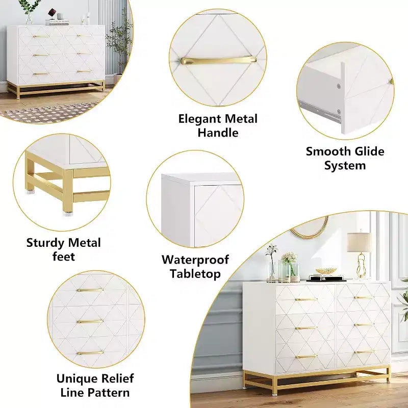 6 Drawer Dresser for Bedroom, Wooden Double Dresser with Gold Handles, Modern Chest Dresser with Deep Drawers for Living Room, Hallway