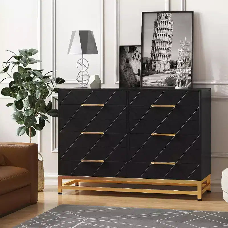 6 Drawer Dresser for Bedroom, Wooden Double Dresser with Gold Handles, Modern Chest Dresser with Deep Drawers for Living Room, Hallway