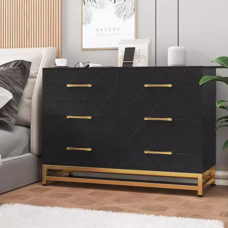 6 Drawer Dresser for Bedroom, Wooden Double Dresser with Gold Handles, Modern Chest Dresser with Deep Drawers for Living Room, Hallway