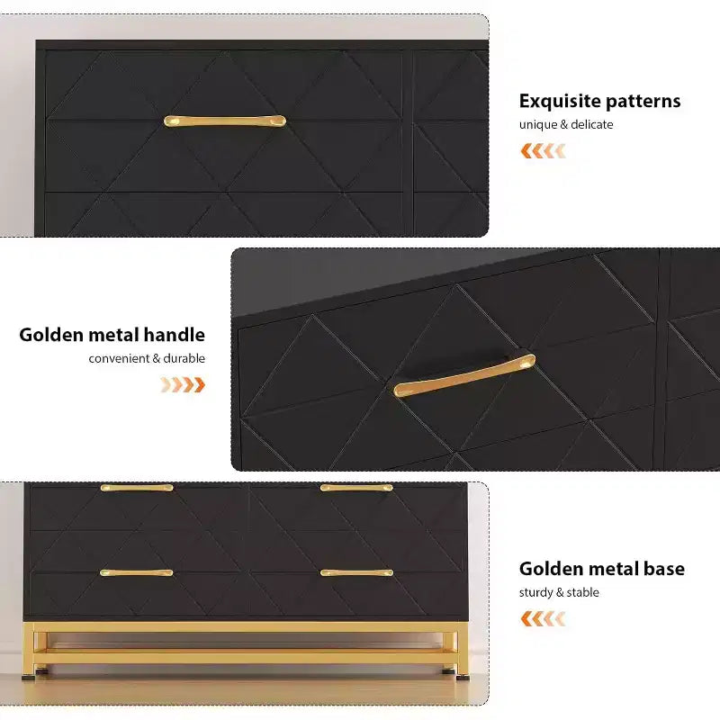 6 Drawer Dresser for Bedroom, Wooden Double Dresser with Gold Handles, Modern Chest Dresser with Deep Drawers for Living Room, Hallway