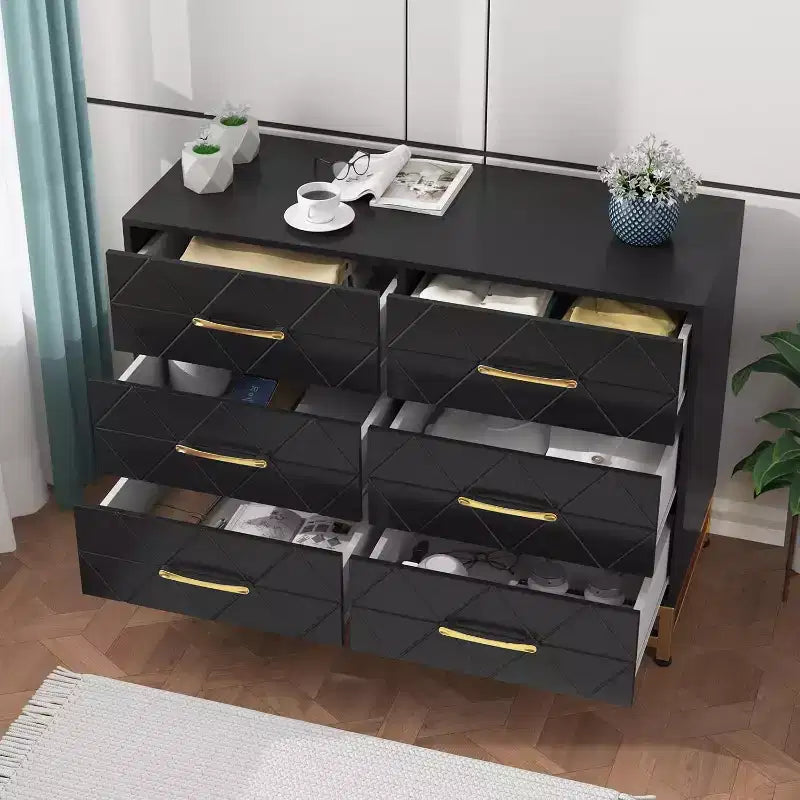 6 Drawer Dresser for Bedroom, Wooden Double Dresser with Gold Handles, Modern Chest Dresser with Deep Drawers for Living Room, Hallway