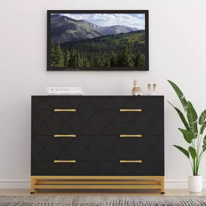6 Drawer Dresser for Bedroom, Wooden Double Dresser with Gold Handles, Modern Chest Dresser with Deep Drawers for Living Room, Hallway