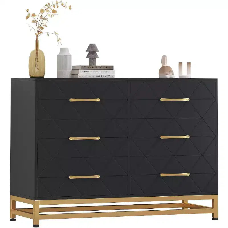 6 Drawer Dresser for Bedroom, Wooden Double Dresser with Gold Handles, Modern Chest Dresser with Deep Drawers for Living Room, Hallway