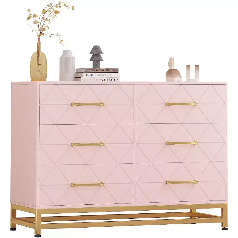 6 Drawer Dresser for Bedroom, Wooden Double Dresser with Gold Handles, Modern Chest Dresser with Deep Drawers for Living Room, Hallway