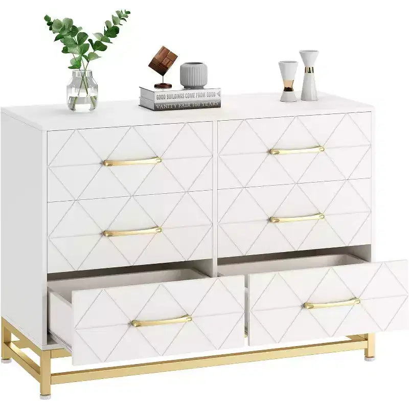 6 Drawer Dresser for Bedroom, Wooden Double Dresser with Gold Handles, Modern Chest Dresser with Deep Drawers for Living Room, Hallway