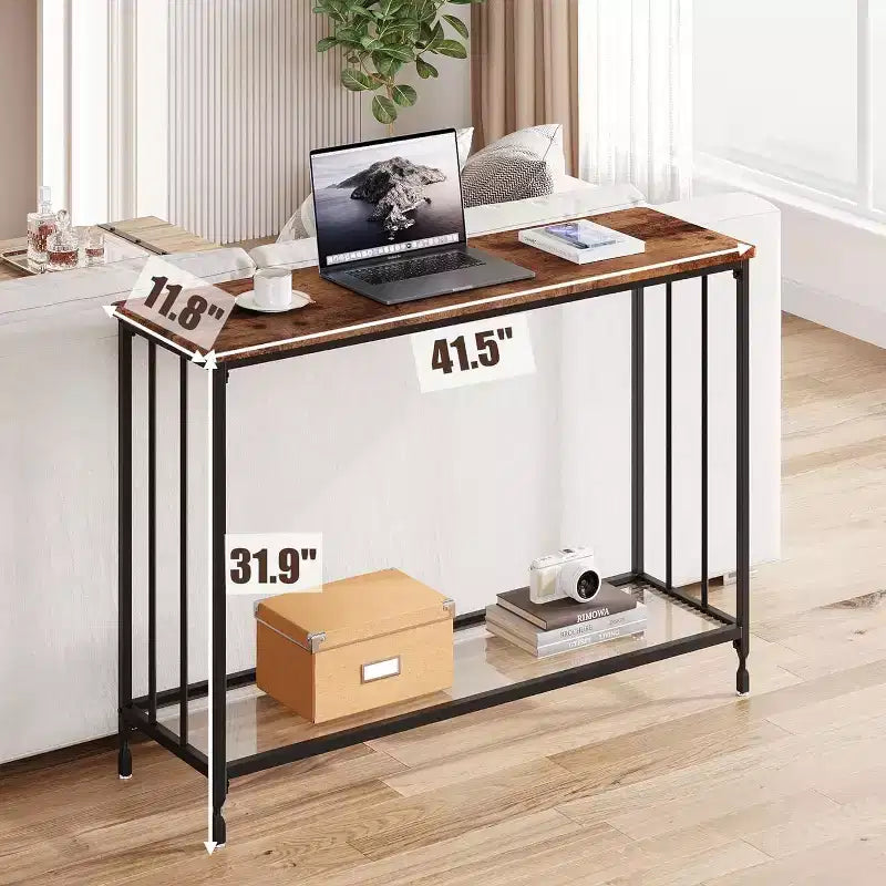 Console Table, Tempered Glass Sofa Table with Glass Shelf and Metal Frame, Narrow Couch Modern Entryway Table, Metal Frame, for Living Room, Hallway