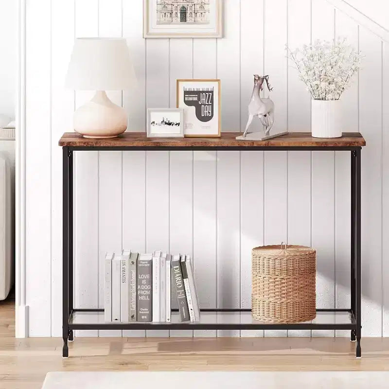 Console Table, Tempered Glass Sofa Table with Glass Shelf and Metal Frame, Narrow Couch Modern Entryway Table, Metal Frame, for Living Room, Hallway