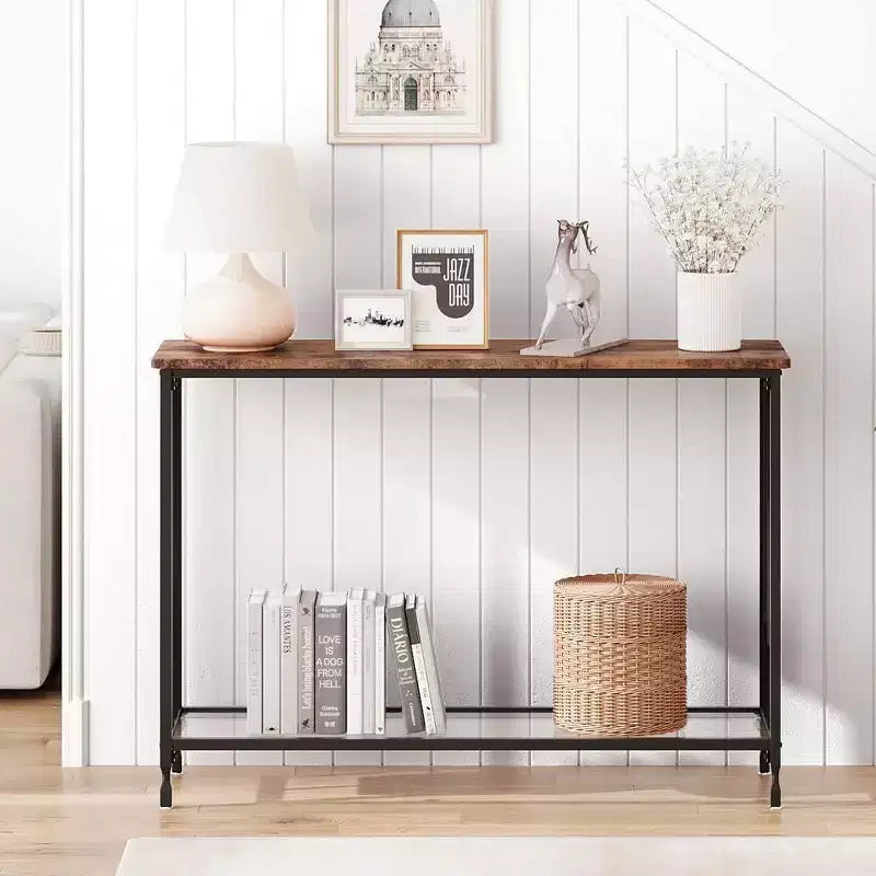 Console Table, Tempered Glass Sofa Table with Glass Shelf and Metal Frame, Narrow Couch Modern Entryway Table, Metal Frame, for Living Room, Hallway