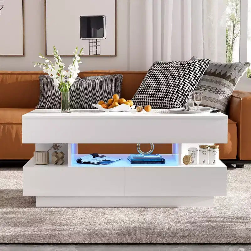 Bestier Lift Top Coffee Table with Storage, Modern LED Lighted Coffee Table with Hidden Compartment, 2 Drawers and Open Shelf for Living Room