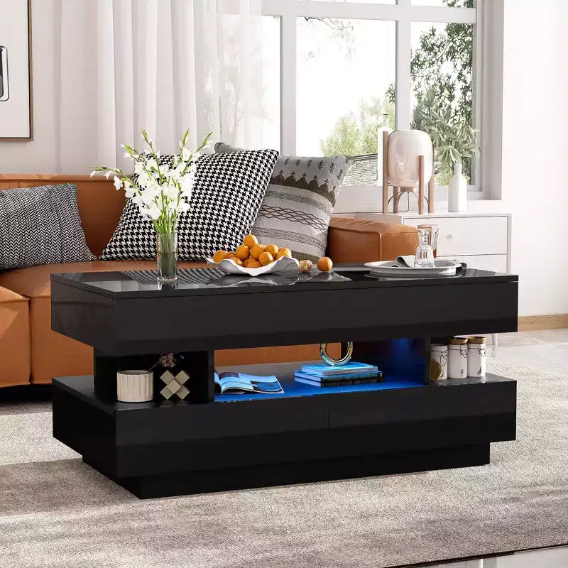 Bestier Lift Top Coffee Table with Storage, Modern LED Lighted Coffee Table with Hidden Compartment, 2 Drawers and Open Shelf for Living Room