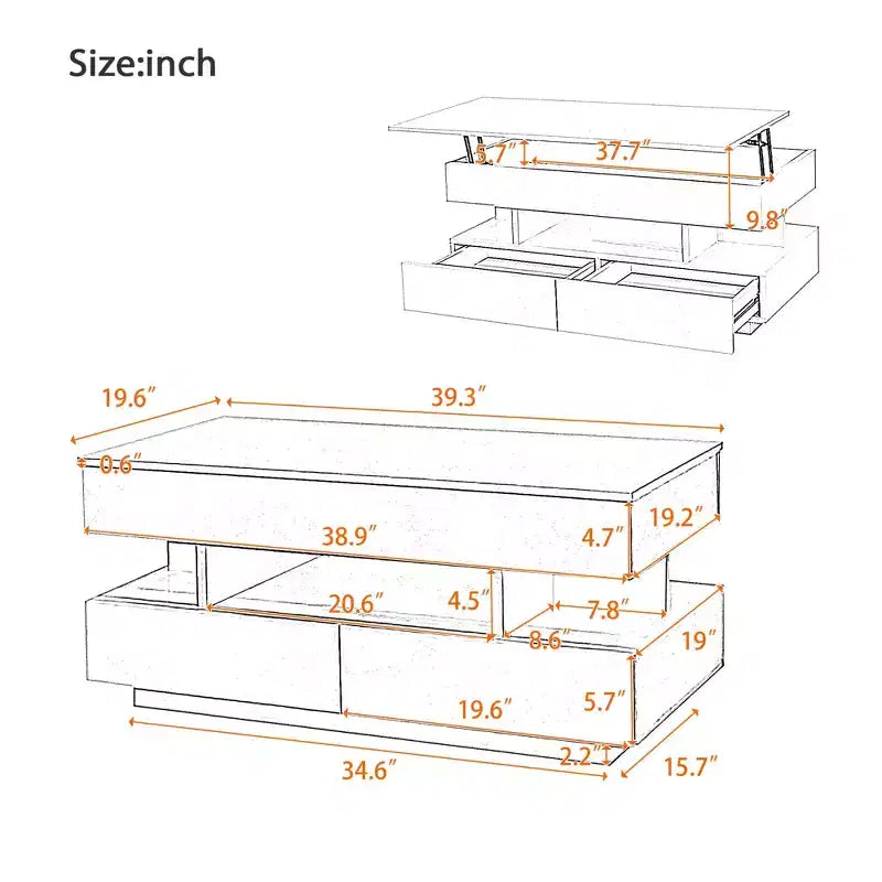 Bestier Lift Top Coffee Table with Storage, Modern LED Lighted Coffee Table with Hidden Compartment, 2 Drawers and Open Shelf for Living Room