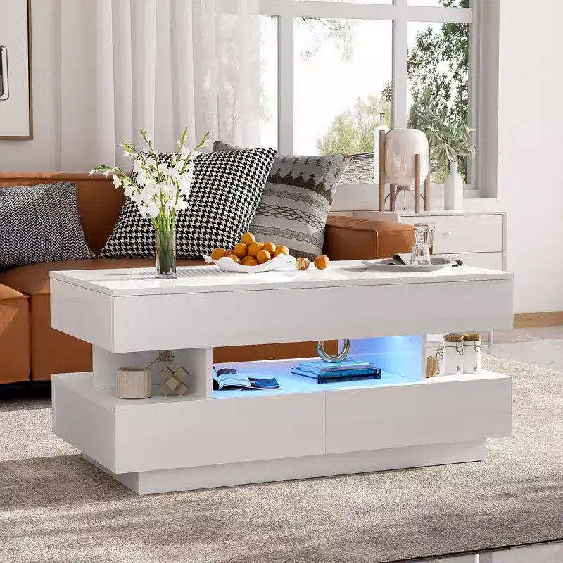 Bestier Lift Top Coffee Table with Storage, Modern LED Lighted Coffee Table with Hidden Compartment, 2 Drawers and Open Shelf for Living Room