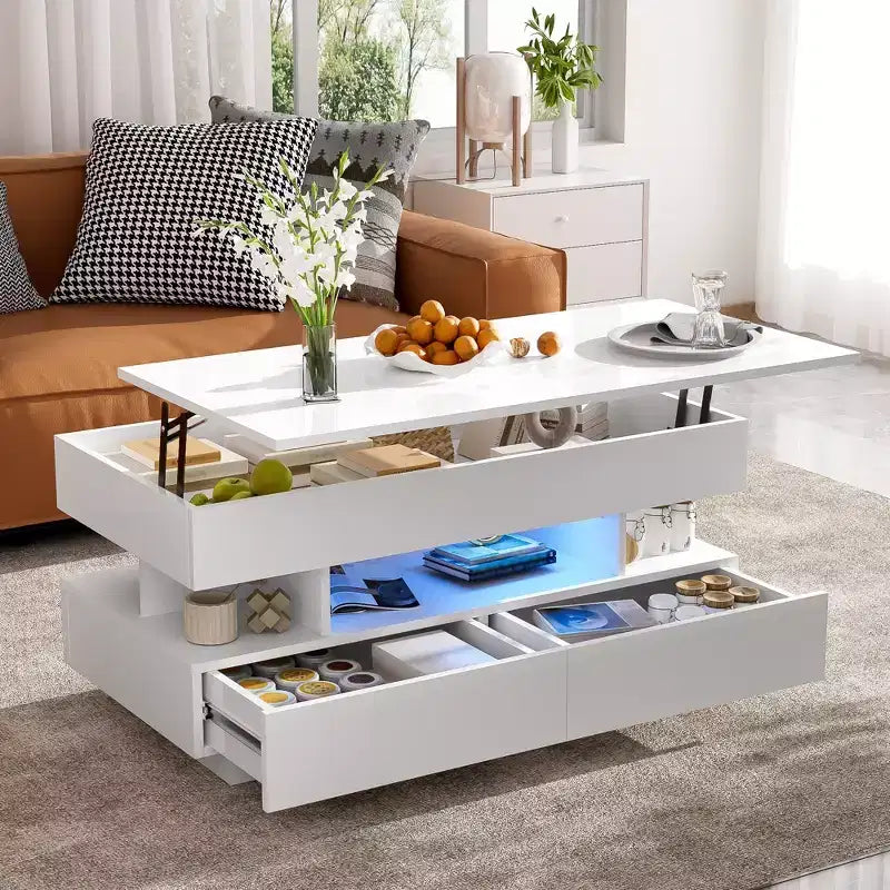 Bestier Lift Top Coffee Table with Storage, Modern LED Lighted Coffee Table with Hidden Compartment, 2 Drawers and Open Shelf for Living Room