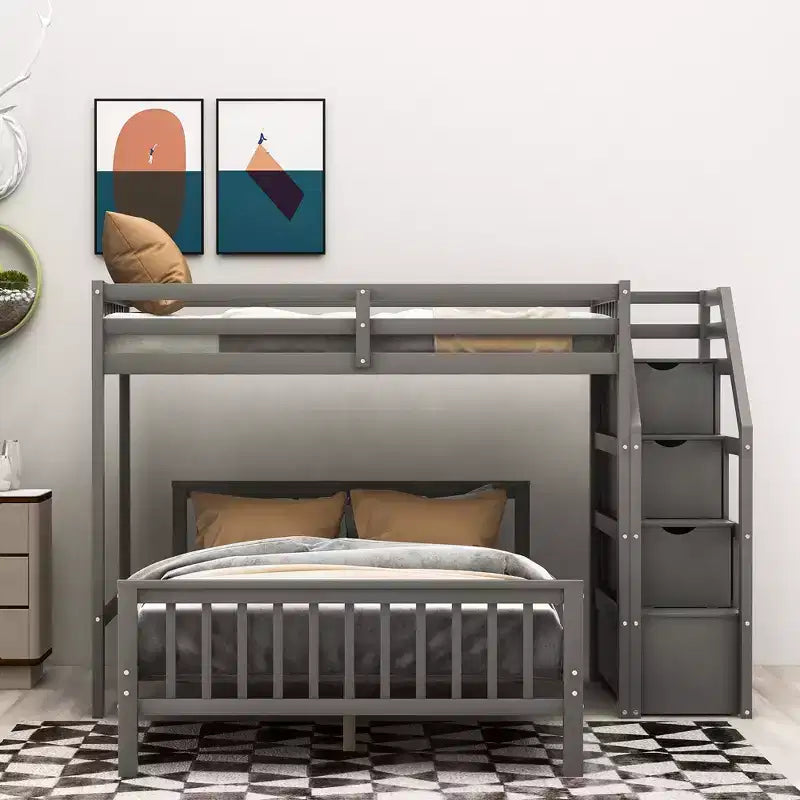 Solid Wood Twin over Full Bunk Bed with 3 Storage, Wooden Loft Bed and Platform Bed Frame, Can be Separated into 2 Beds