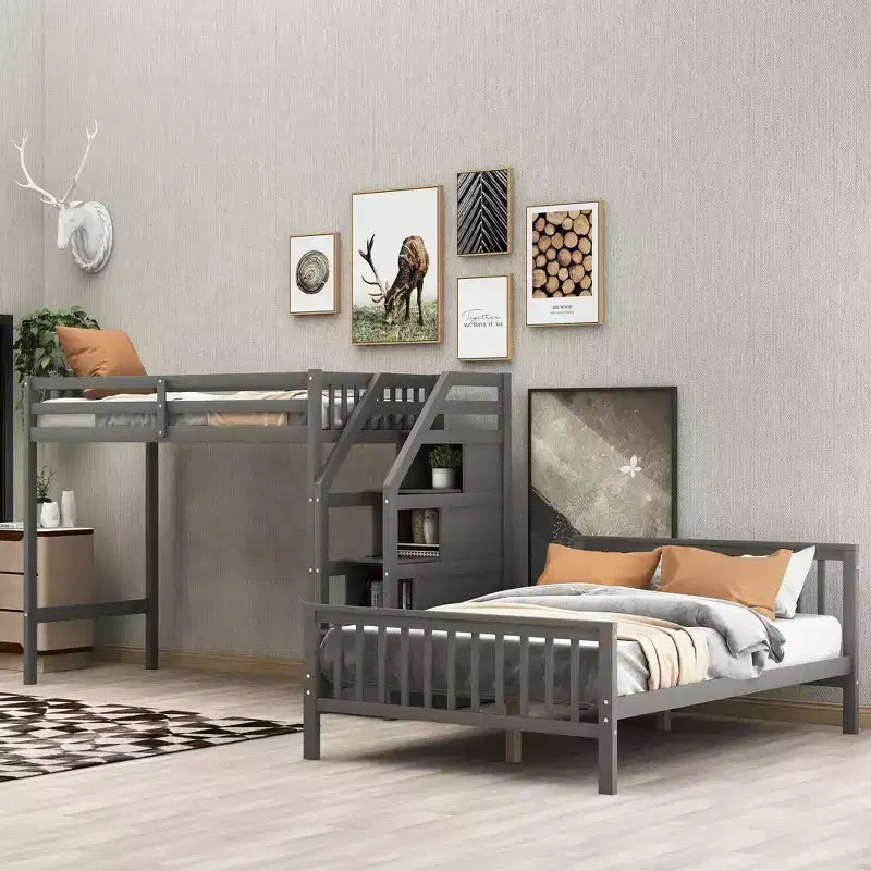 Solid Wood Twin over Full Bunk Bed with 3 Storage, Wooden Loft Bed and Platform Bed Frame, Can be Separated into 2 Beds