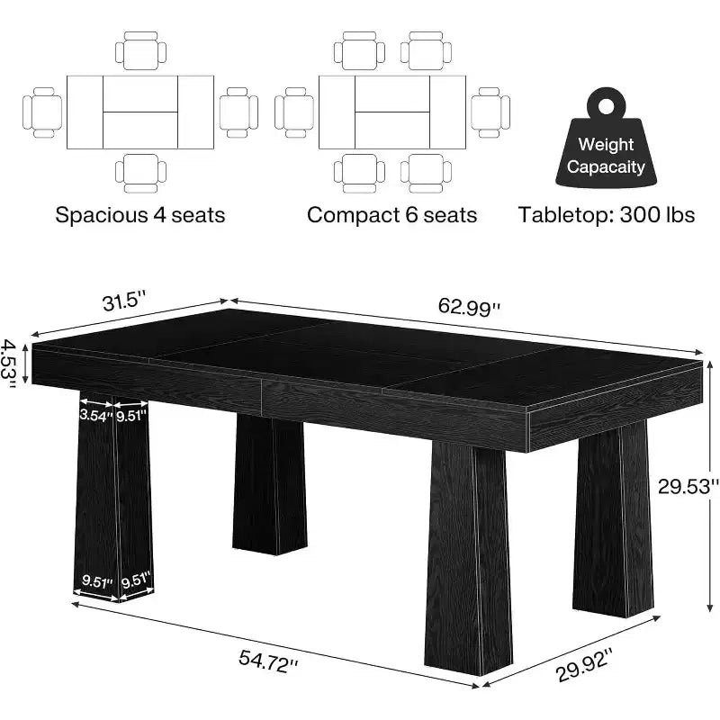Lantine 63'' Dining Table, Modern Rectangular Kitchen Dinner Table with Heavy Duty Tapered Legs for Dining Room, Cafe, Restaurant
