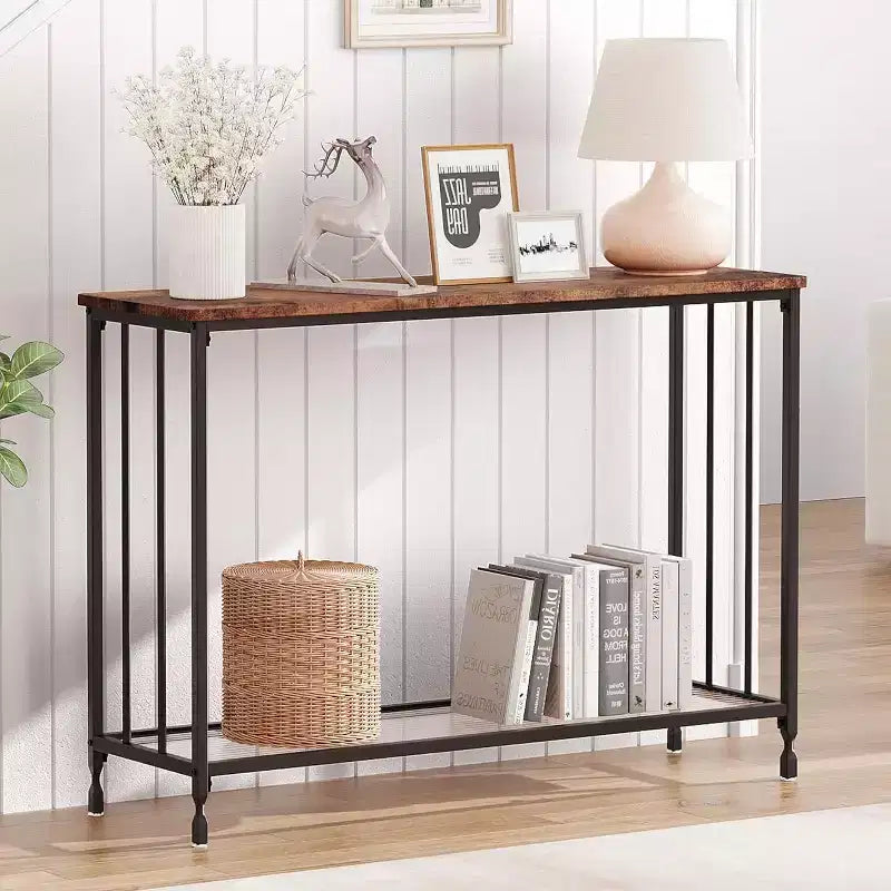 Coolmee 41.5 inch Industrial Console Table, Narrow Entryway Table with Glass Shelf and Metal Frame, Behind Couch Table for Hallway, Living Room
