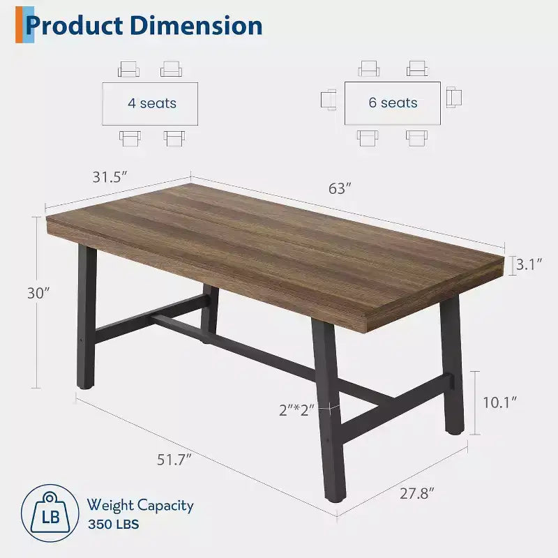 Industrial Dining Table for 4-6 People, 63in Long Wooden Kitchen Table with Sturdy Metal Frame - Seats 4-6 Rectangular Counter for Dinner