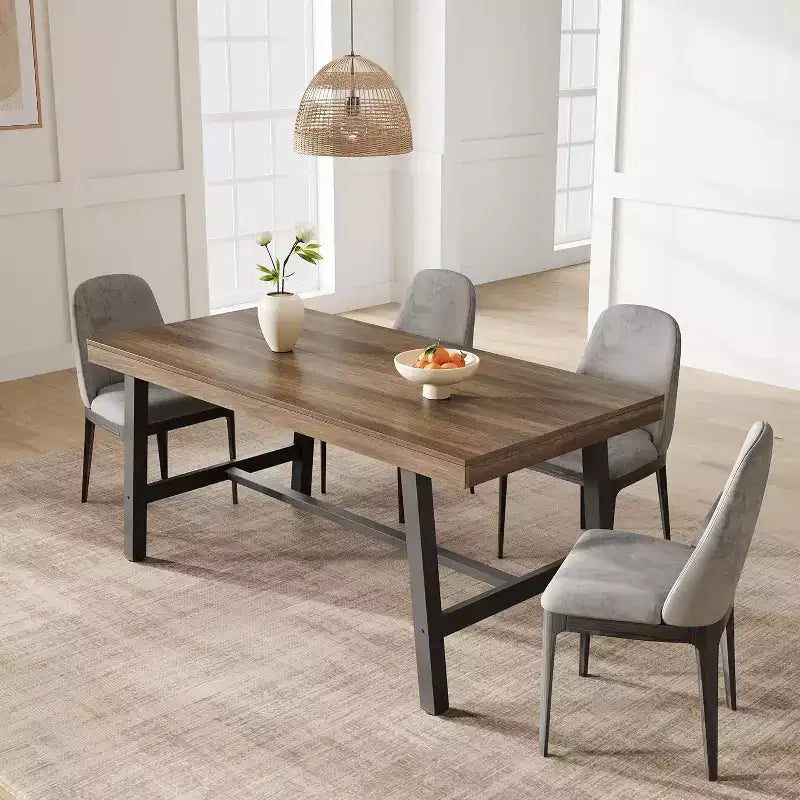Industrial Dining Table for 4-6 People, 63in Long Wooden Kitchen Table with Sturdy Metal Frame - Seats 4-6 Rectangular Counter for Dinner