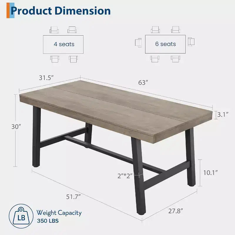 Industrial Dining Table for 4-6 People, 63in Long Wooden Kitchen Table with Sturdy Metal Frame - Seats 4-6 Rectangular Counter for Dinner