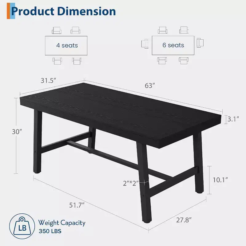 Industrial Dining Table for 4-6 People, 63in Long Wooden Kitchen Table with Sturdy Metal Frame - Seats 4-6 Rectangular Counter for Dinner