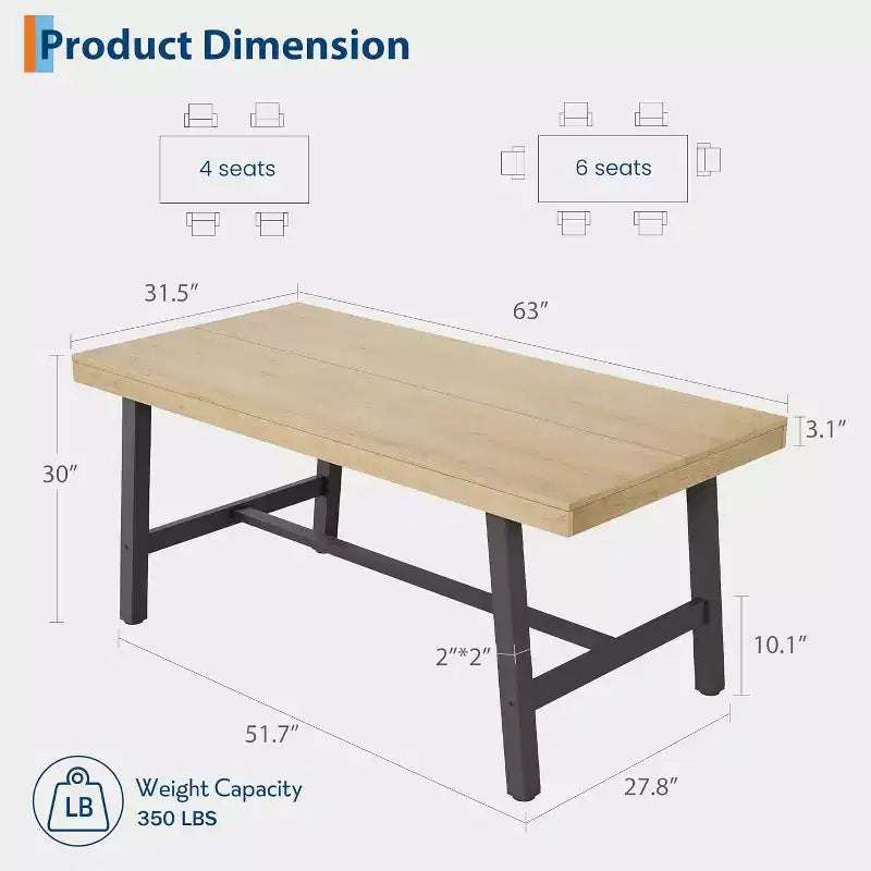 Industrial Dining Table for 4-6 People, 63in Long Wooden Kitchen Table with Sturdy Metal Frame - Seats 4-6 Rectangular Counter for Dinner