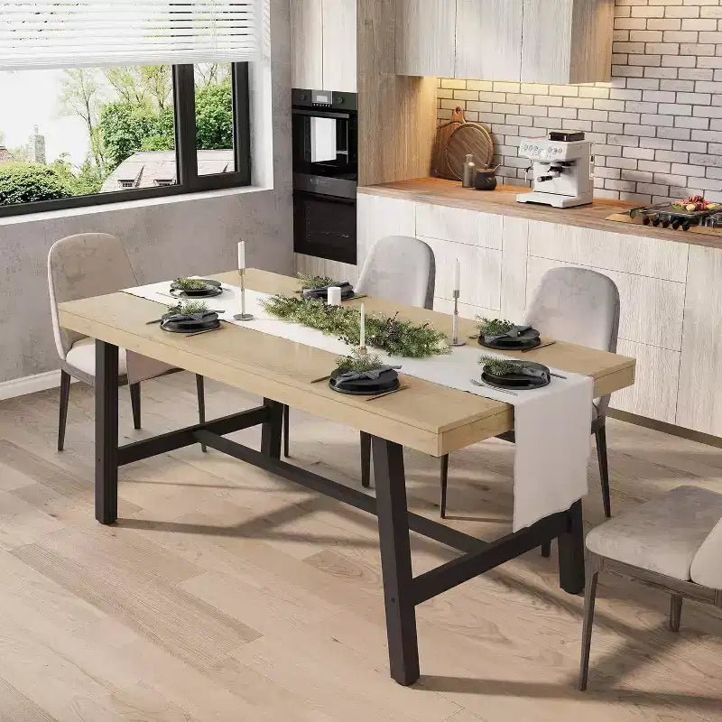 Industrial Dining Table for 4-6 People, 63in Long Wooden Kitchen Table with Sturdy Metal Frame - Seats 4-6 Rectangular Counter for Dinner