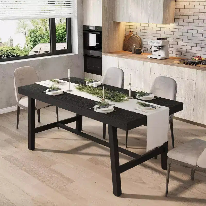 Industrial Dining Table for 4-6 People, 63in Long Wooden Kitchen Table with Sturdy Metal Frame - Seats 4-6 Rectangular Counter for Dinner