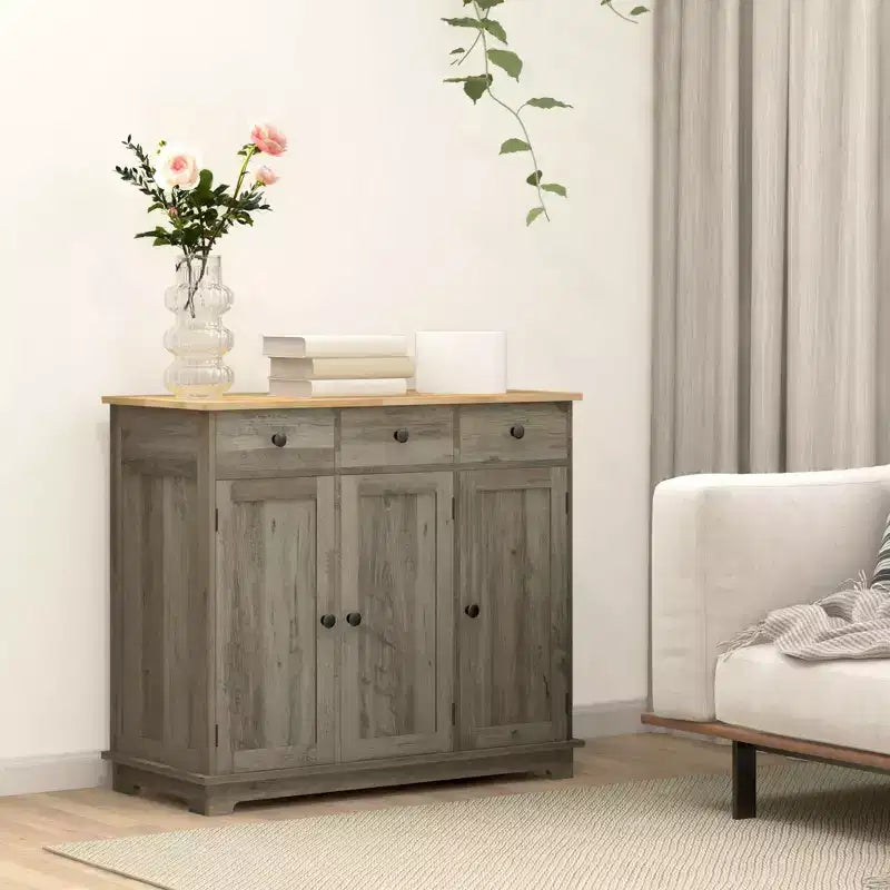Okak Sideboard Cabinet with Solid Wood Countertop, Storage Cabinet with Adjustable Shelf, Bar Cabinet for Entryway, Living Room, Kitchen, Gray