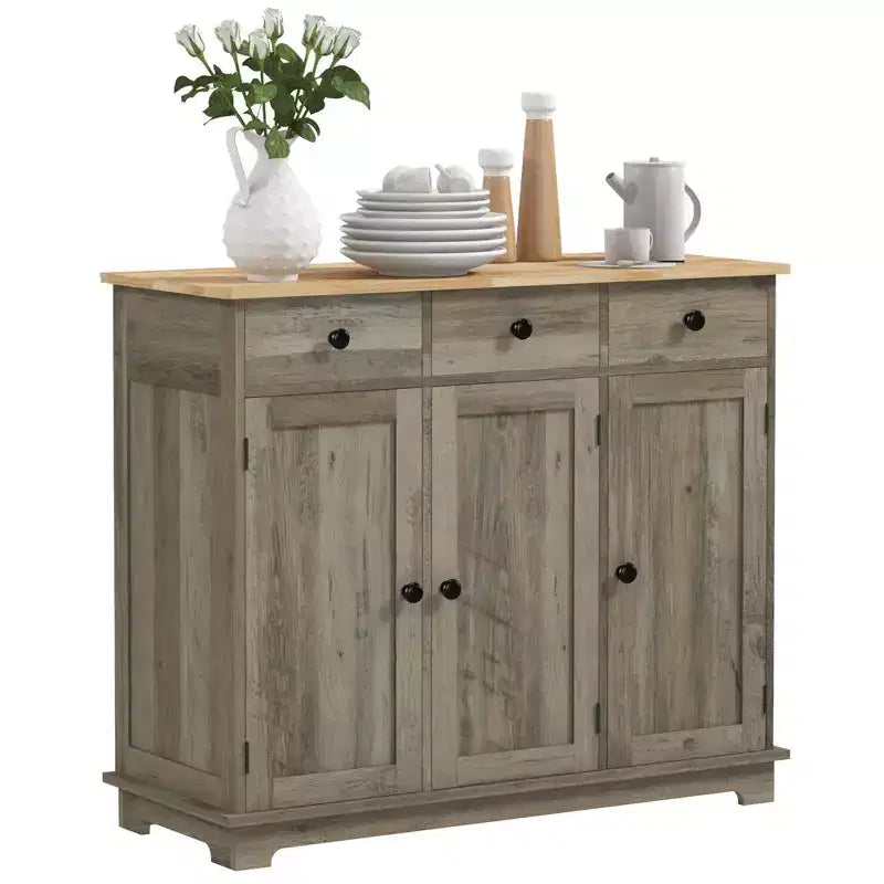 Okak Sideboard Cabinet with Solid Wood Countertop, Storage Cabinet with Adjustable Shelf, Bar Cabinet for Entryway, Living Room, Kitchen, Gray