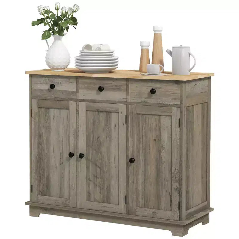 Okak Sideboard Cabinet with Solid Wood Countertop, Storage Cabinet with Adjustable Shelf, Bar Cabinet for Entryway, Living Room, Kitchen, Gray