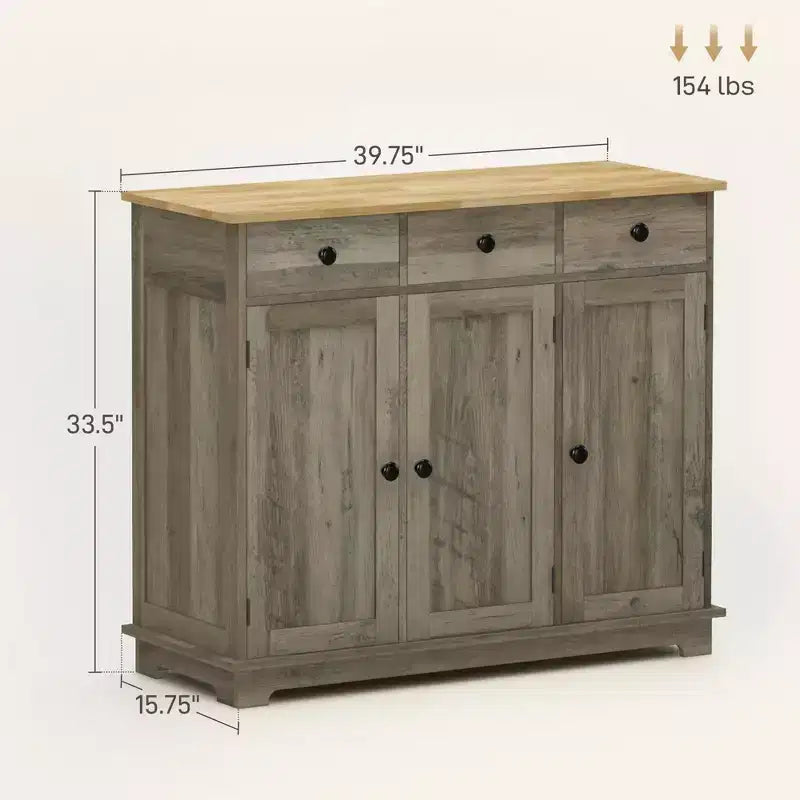 Okak Sideboard Cabinet with Solid Wood Countertop, Storage Cabinet with Adjustable Shelf, Bar Cabinet for Entryway, Living Room, Kitchen, Gray