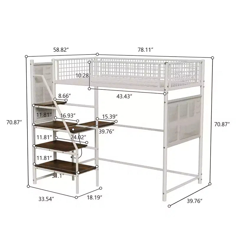 GDFStudio Holden Metal Loft Bed with Desk, Built-in Charging Station and LED Lighting