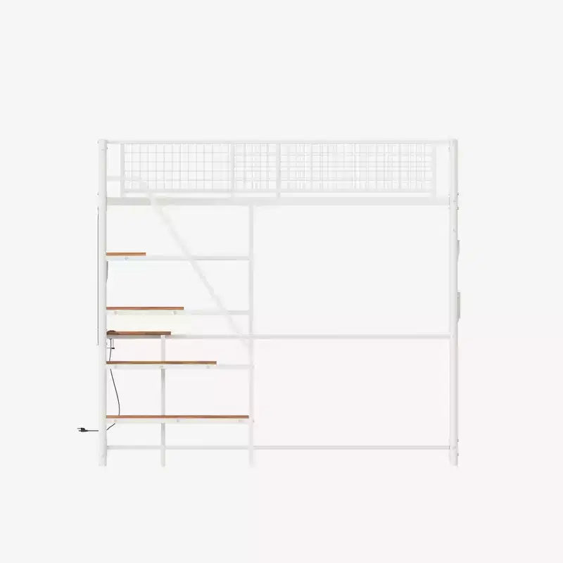GDFStudio Holden Metal Loft Bed with Desk, Built-in Charging Station and LED Lighting