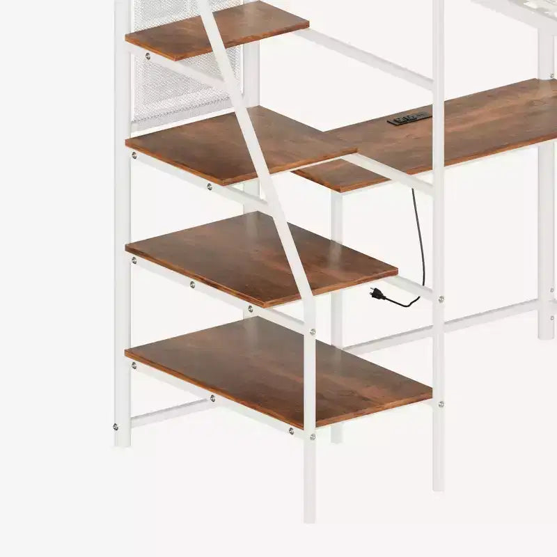 GDFStudio Holden Metal Loft Bed with Desk, Built-in Charging Station and LED Lighting