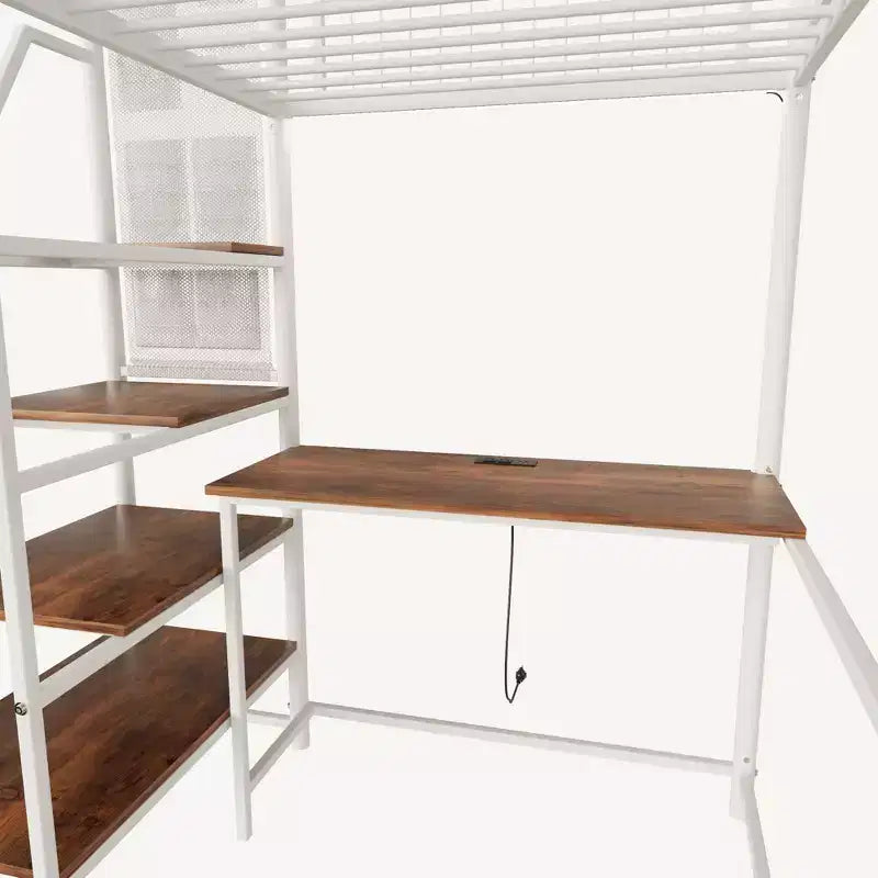 GDFStudio Holden Metal Loft Bed with Desk, Built-in Charging Station and LED Lighting