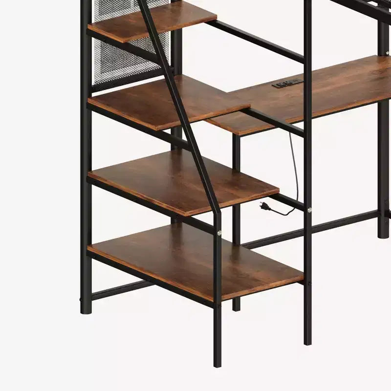 GDFStudio Holden Metal Loft Bed with Desk, Built-in Charging Station and LED Lighting