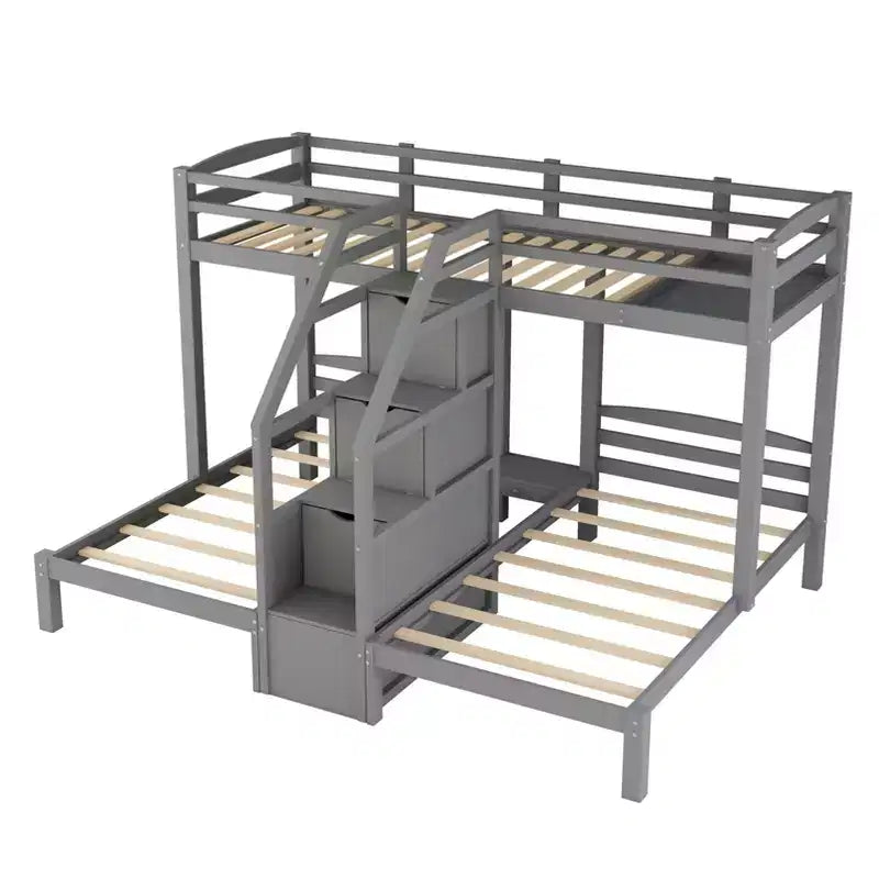 Wood Twin over Twin & Twin Bunk Bed, L Shaped Bunk Bed for 3 Kids, Heavy-Duty Triple Bunk Bed with Storage Drawers, Gray
