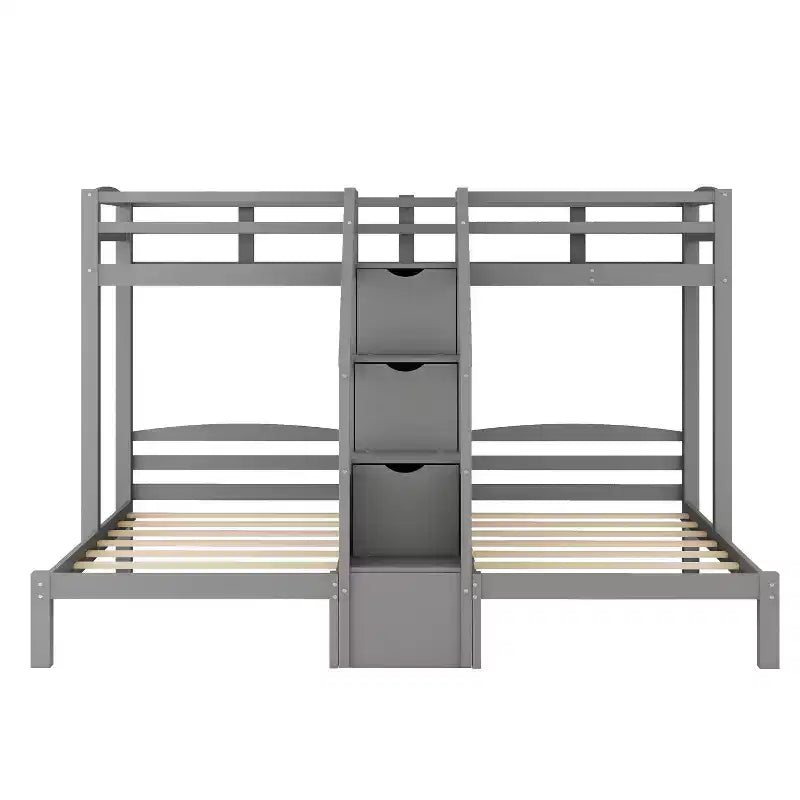 Wood Twin over Twin & Twin Bunk Bed, L Shaped Bunk Bed for 3 Kids, Heavy-Duty Triple Bunk Bed with Storage Drawers, Gray