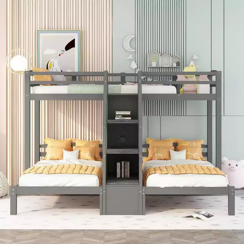 Wood Twin over Twin & Twin Bunk Bed, L Shaped Bunk Bed for 3 Kids, Heavy-Duty Triple Bunk Bed with Storage Drawers, Gray