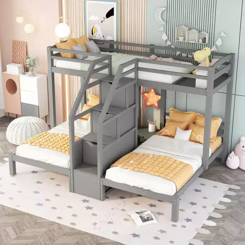 Wood Twin over Twin & Twin Bunk Bed, L Shaped Bunk Bed for 3 Kids, Heavy-Duty Triple Bunk Bed with Storage Drawers, Gray