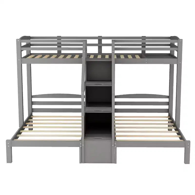 Wood Twin over Twin & Twin Bunk Bed, L Shaped Bunk Bed for 3 Kids, Heavy-Duty Triple Bunk Bed with Storage Drawers, Gray