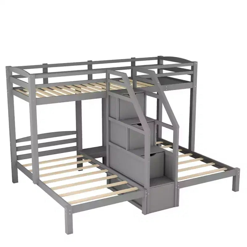Wood Twin over Twin & Twin Bunk Bed, L Shaped Bunk Bed for 3 Kids, Heavy-Duty Triple Bunk Bed with Storage Drawers, Gray