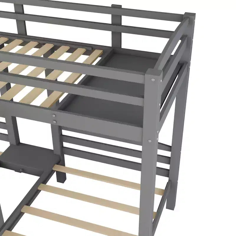 Wood Twin over Twin & Twin Bunk Bed, L Shaped Bunk Bed for 3 Kids, Heavy-Duty Triple Bunk Bed with Storage Drawers, Gray