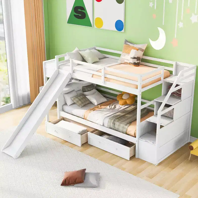 Letto a castello doppio con scivolo, scrivania, scala portaoggetti e cassetti per bambini